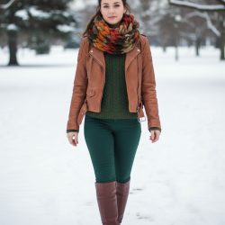 Дамски зимен ръчно плетен шал - яка  тютюнево-зелено-оранжев