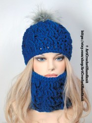 Плетена спортна шапка и шал с помпон - морско синьо