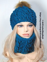 Плетени шапка и шал на една кука - петролно синьо