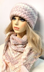 Дамска шапка, шал, ръкавици, плетени на една кука-розово-бяло-сиво