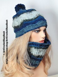 Плетена шапка и шал за ски с помпон- син батик