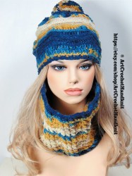 Плетена шапка и шал за ски с помпон - синьо-жълт батик