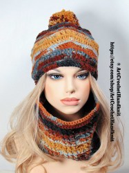 Плетена шапка и шал за ски с помпон -оранжево-кафяв батик