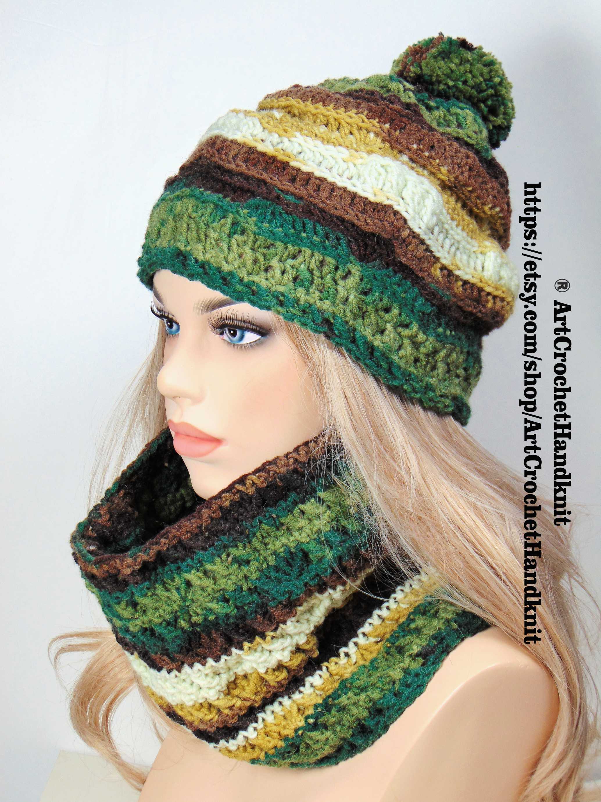 Плетена шапка и шал за ски с помпон -зелено-кафяв батик